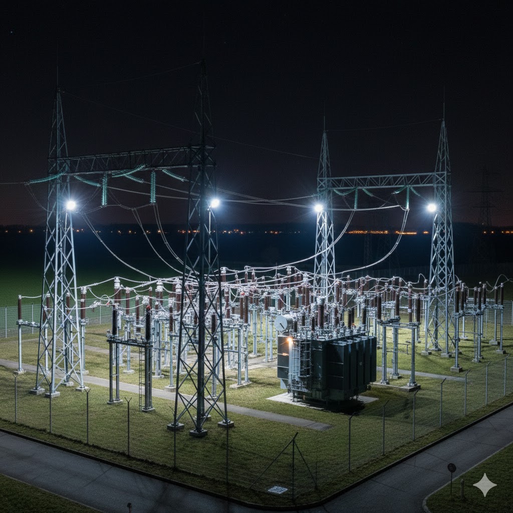 Ein hell erleuchtetes Umspannwerk bei Nacht als Beispiel für kritische Infrastruktur (KRITIS). Die Aufnahme zeigt die komplexe elektrische Infrastruktur hinter einem Sicherheitszaun und verdeutlicht die Notwendigkeit für lückenlosen Perimeterschutz und Überwachung nach dem neuen KRITIS-Dachgesetz.