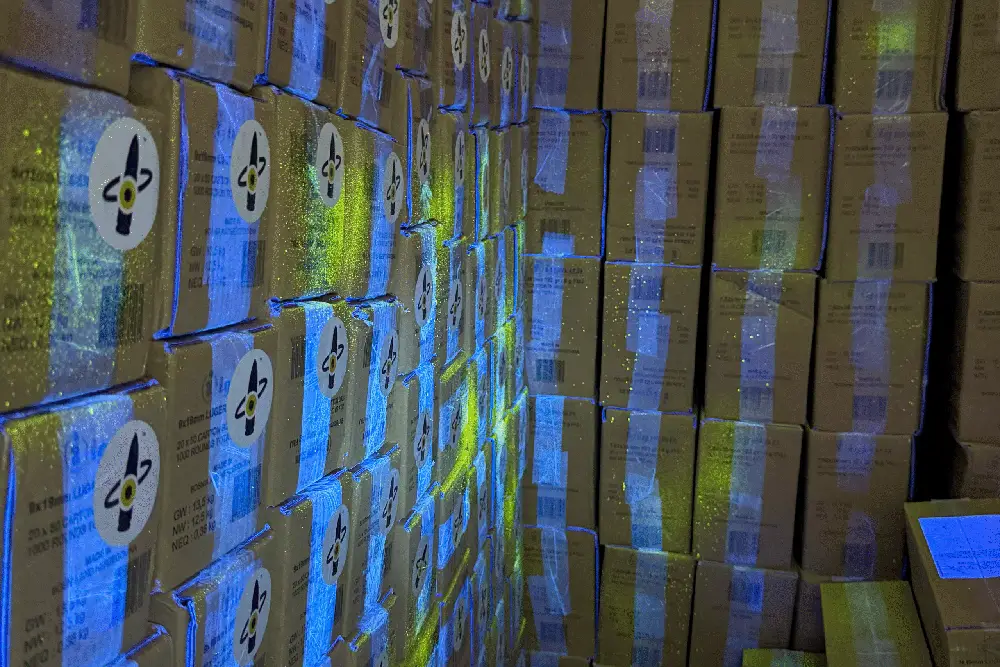 Ammunition boxes covered in SmartWater.